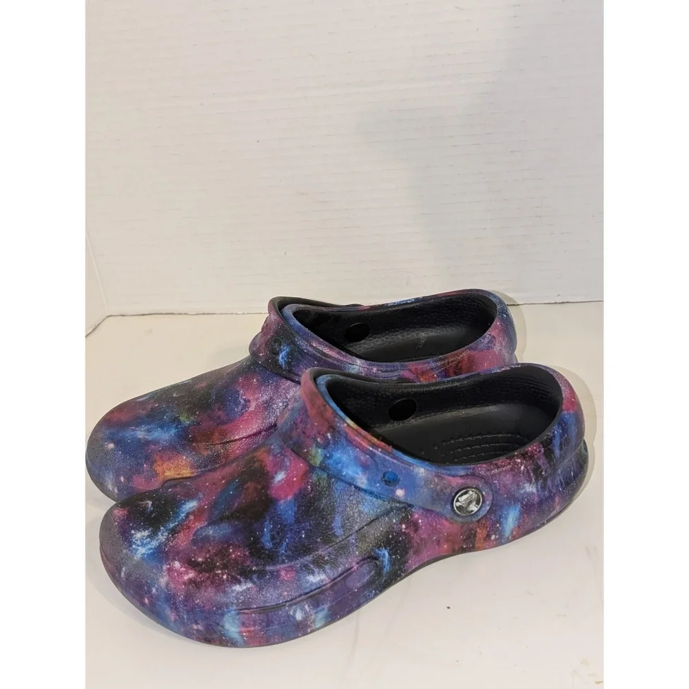 Crocs Bistro Graphic Work Clog Mens 12 Slip Resistant Shoes Black Galaxy Slip On